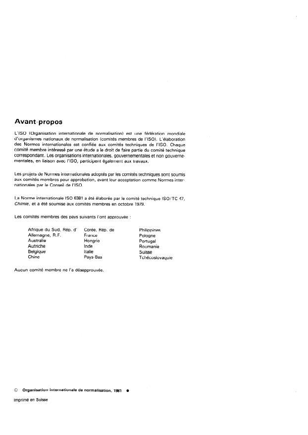 ISO 6381:1981 ISO 6381:1981 - Éthylene et propylene a usage industriel -- Dosage des traces de monoxyde et de dioxyde de carbone -- Méthode par chromatographie en phase gazeuse - Page 2 preview