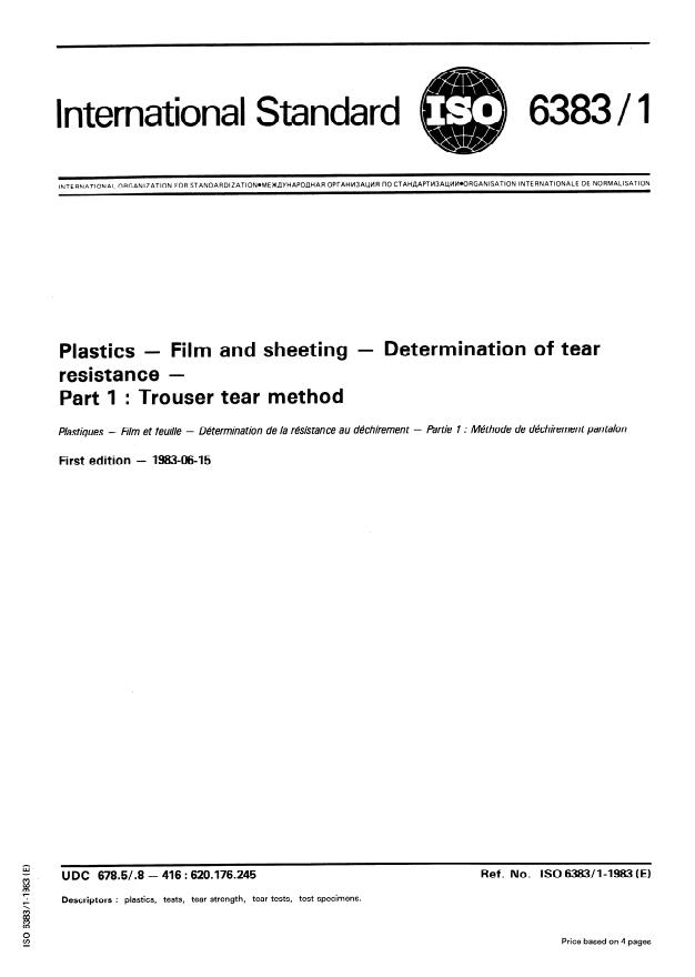 ISO 6383-1:1983 - Plastics -- Film and sheeting -- Determination of tear resistance