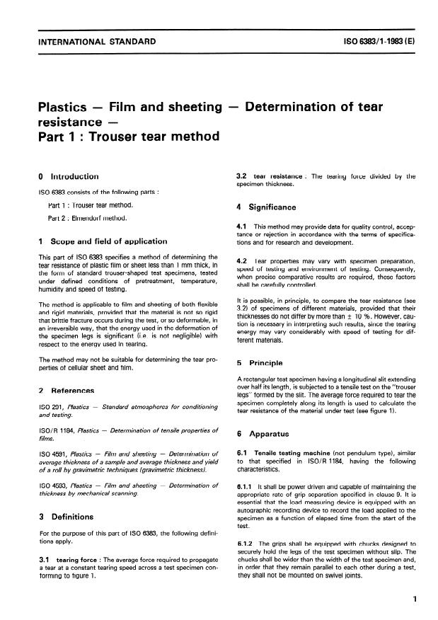 ISO 6383-1:1983 - Plastics -- Film and sheeting -- Determination of tear resistance