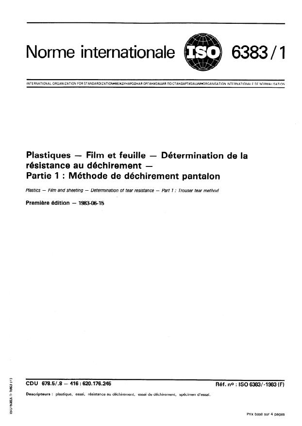 ISO 6383-1:1983 - Plastiques -- Film et feuille -- Détermination de la résistance au déchirement