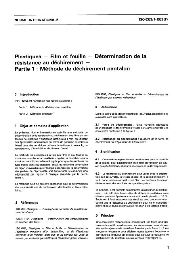 ISO 6383-1:1983 - Plastiques -- Film et feuille -- Détermination de la résistance au déchirement