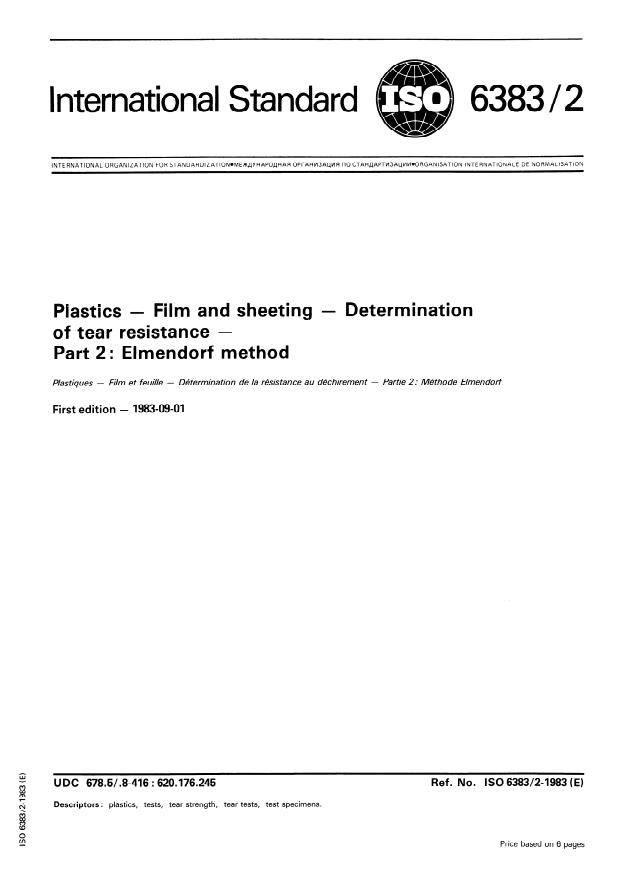 ISO 6383-2:1983 - Plastics -- Film and sheeting -- Determination of tear resistance