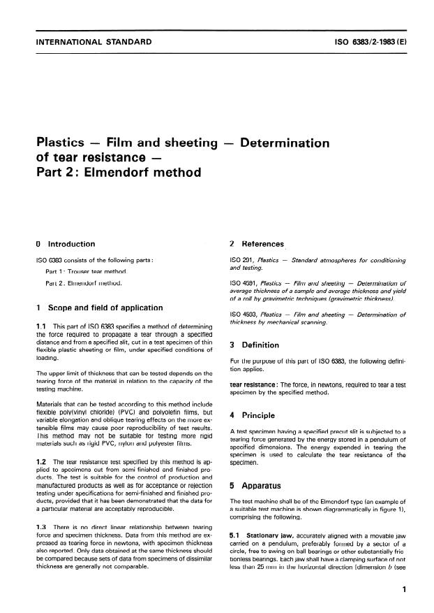 ISO 6383-2:1983 - Plastics -- Film and sheeting -- Determination of tear resistance