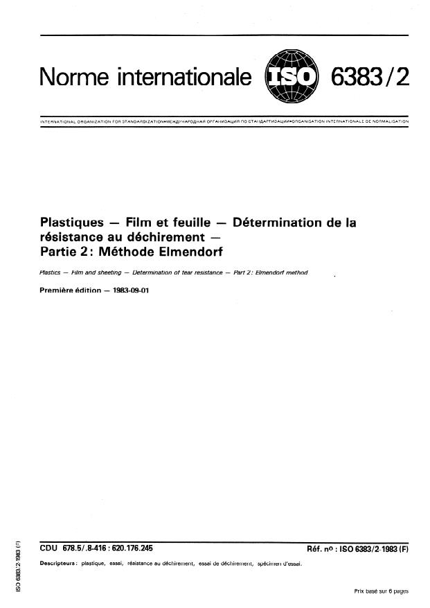ISO 6383-2:1983 - Plastiques -- Film et feuille -- Détermination de la résistance au déchirement