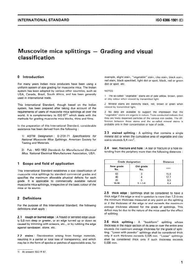 ISO 6386:1981 - Muscovite mica splittings -- Grading and visual classification