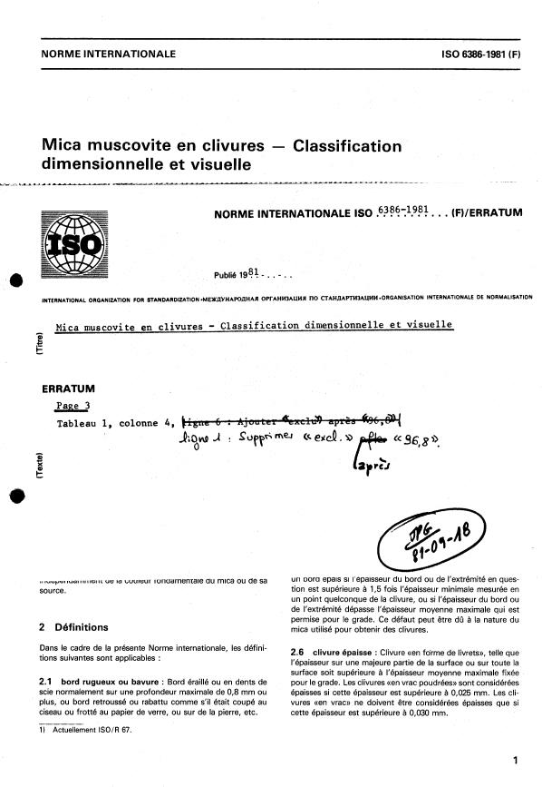 ISO 6386:1981 - Mica muscovite en clivures -- Classification dimensionnelle et visuelle