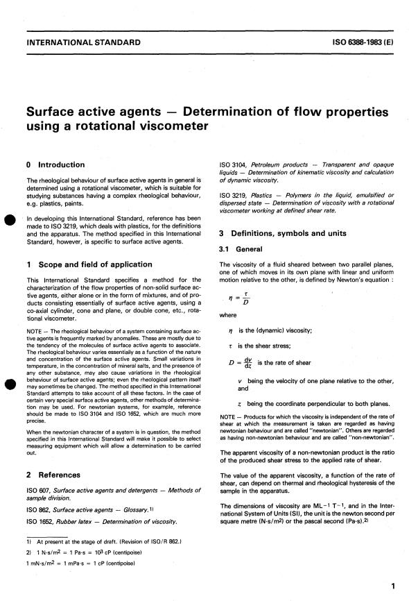 ISO 6388:1983 - Surface active agents -- Determination of flow properties using a rotational viscometer