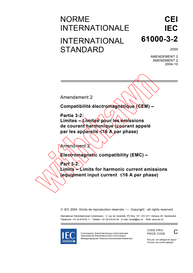 IEC 61000-3-2:2000/AMD2:2004 - Amendment 2 - Electromagnetic compatibility (EMC) - Part 3-2: Limits - Limits for harmonic current emissions (equipment input current <=16 A per phase)
Released:10/12/2004
Isbn:283187677X