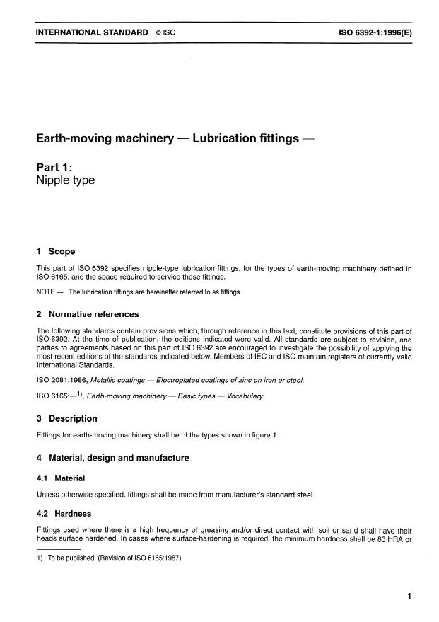 ISO 6392-1:1996 - Earth-moving machinery -- Lubrication fittings