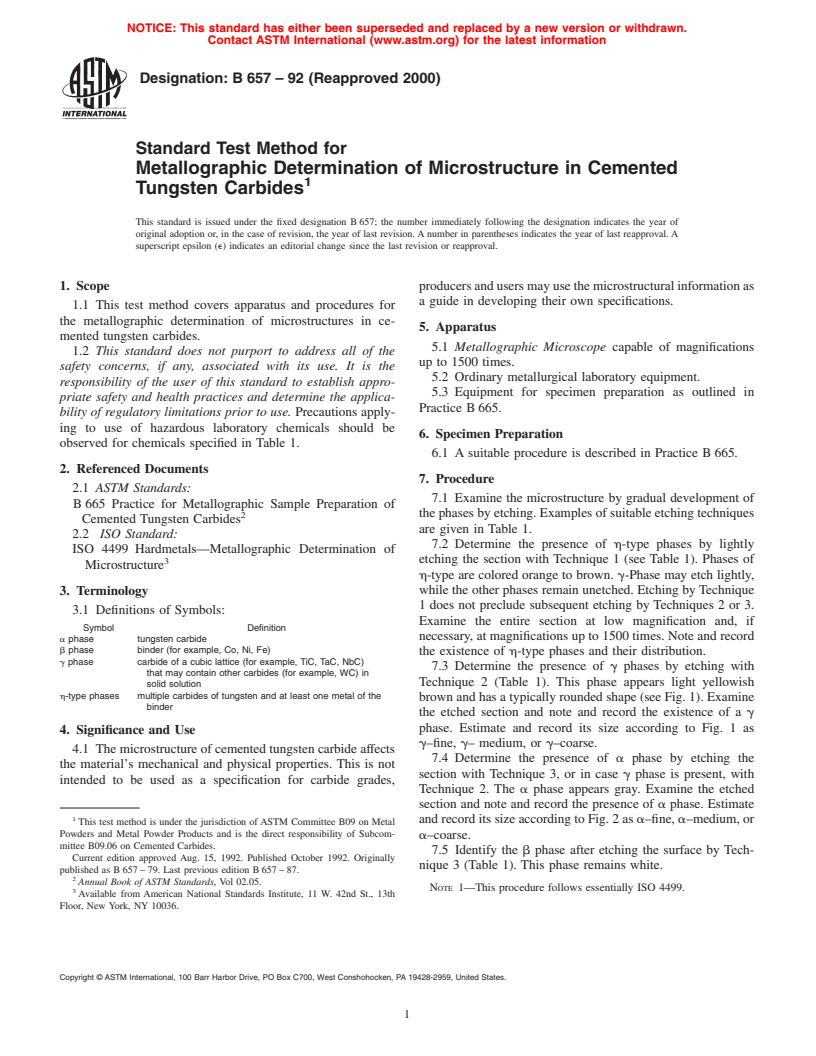 ASTM B657-92(2000) - Standard Test Method for Metallographic Determination of Microstructure in Cemented Tungsten Carbides