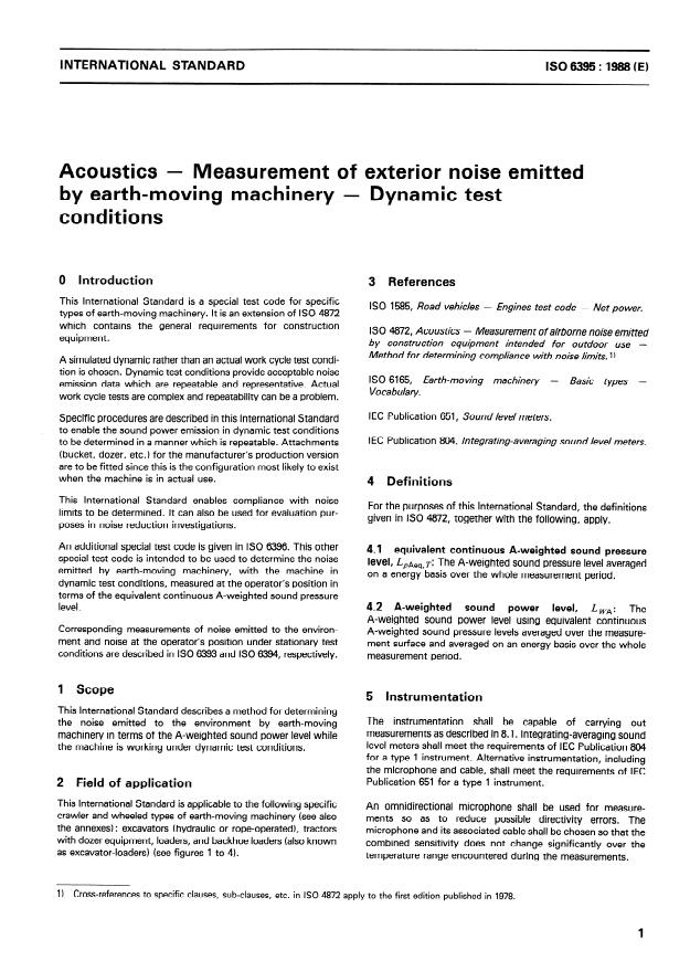 ISO 6395:1988 - Acoustics -- Measurement of exterior noise emitted by earth-moving machinery -- Dynamic test conditions