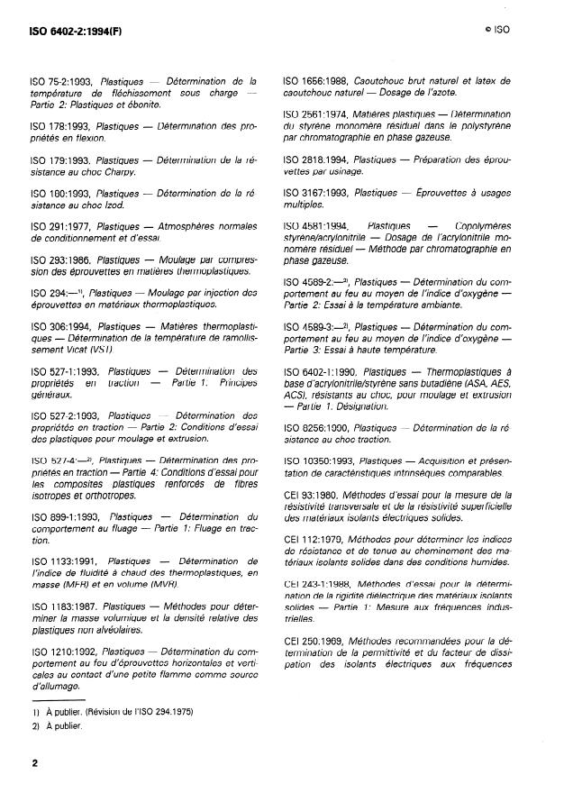 ISO 6402-2:1994 ISO 6402-2:1994 - Plastiques -- Thermoplastiques a base d'acrylonitrile/styrene sans butadiene (ASA, AES, ACS), résistants au choc, pour moulage et extrusion - Page 4 preview