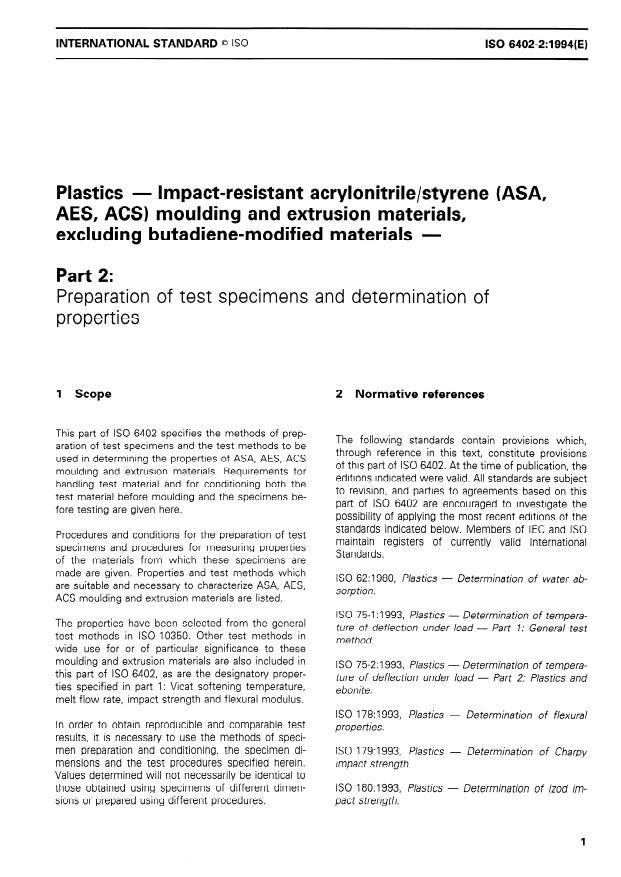 ISO 6402-2:1994 - Plastics -- Impact-resistant acrylonitrile/styrene (ASA, AES, ACS) moulding and extrusion materials, excluding butadiene-modified materials