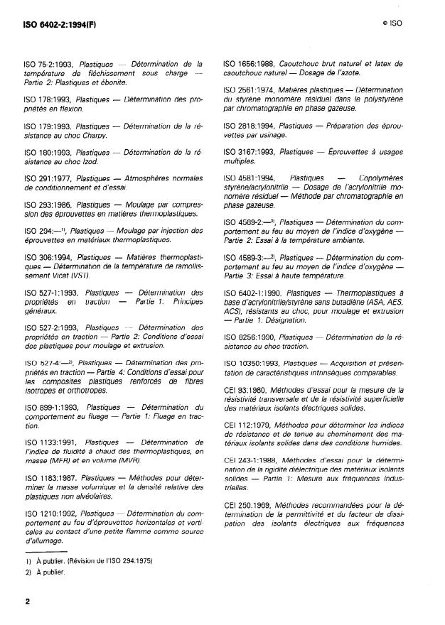 ISO 6402-2:1994 ISO 6402-2:1994 - Plastiques -- Thermoplastiques a base d'acrylonitrile/styrene sans butadiene (ASA, AES, ACS), résistants au choc, pour moulage et extrusion - Page 4 preview