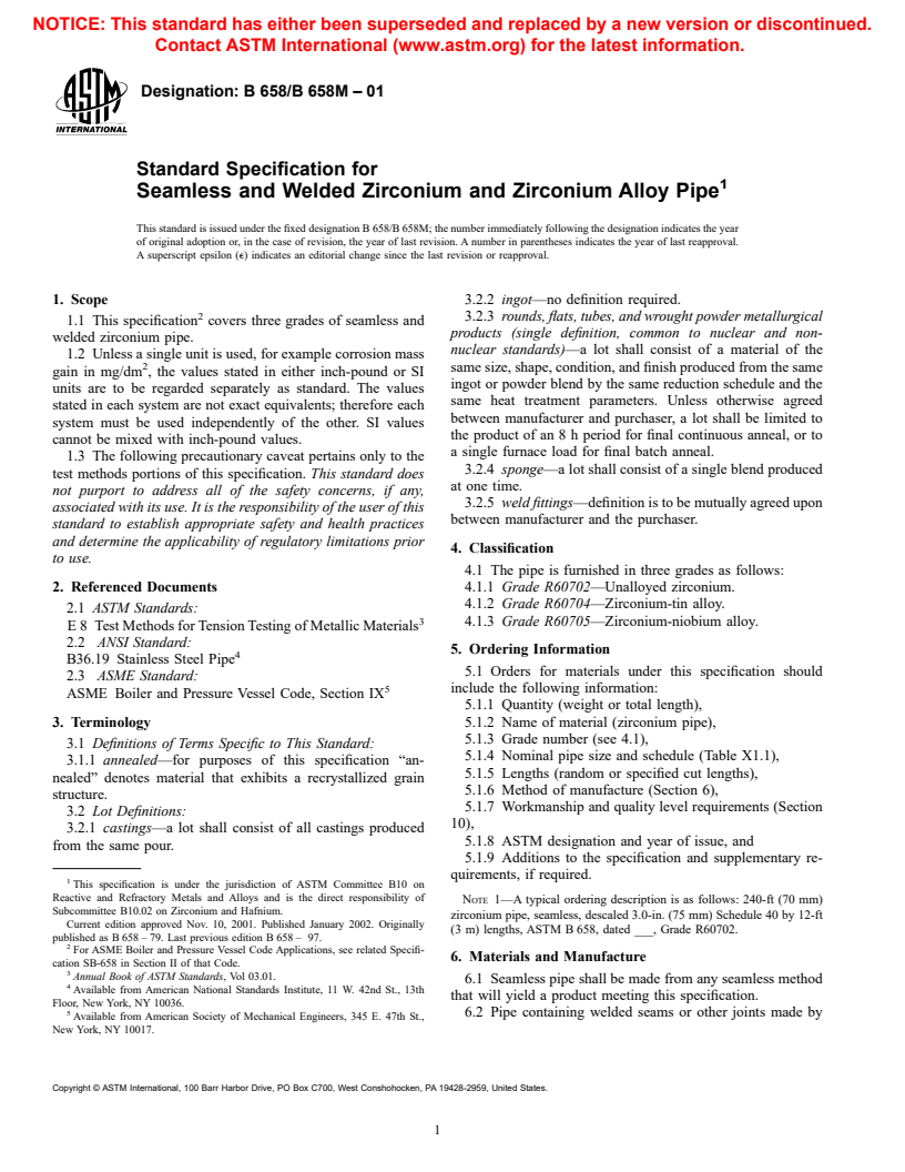 ASTM B658/B658M-01 - Standard Specification for Seamless and Welded Zirconium and Zirconium Alloy Pipe