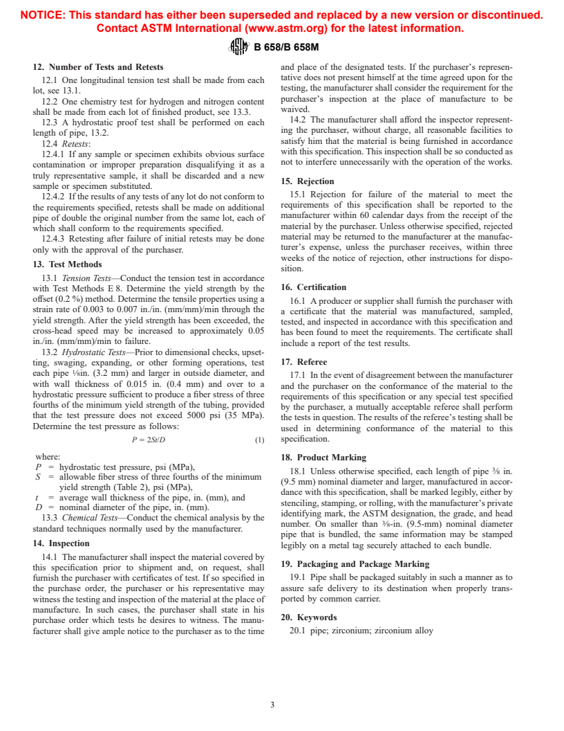 ASTM B658/B658M-01 - Standard Specification for Seamless and Welded Zirconium and Zirconium Alloy Pipe