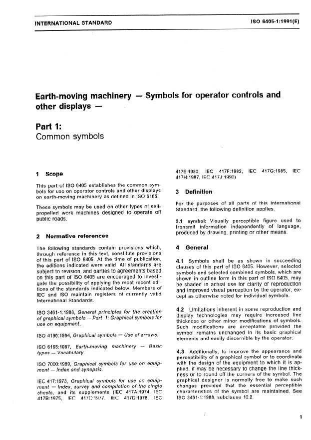 ISO 6405-1:1991 - Earth-moving machinery -- Symbols for operator controls and other displays