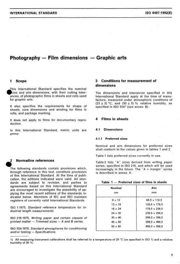 ISO 6407:1992 - Photography -- Film dimensions -- Graphic arts