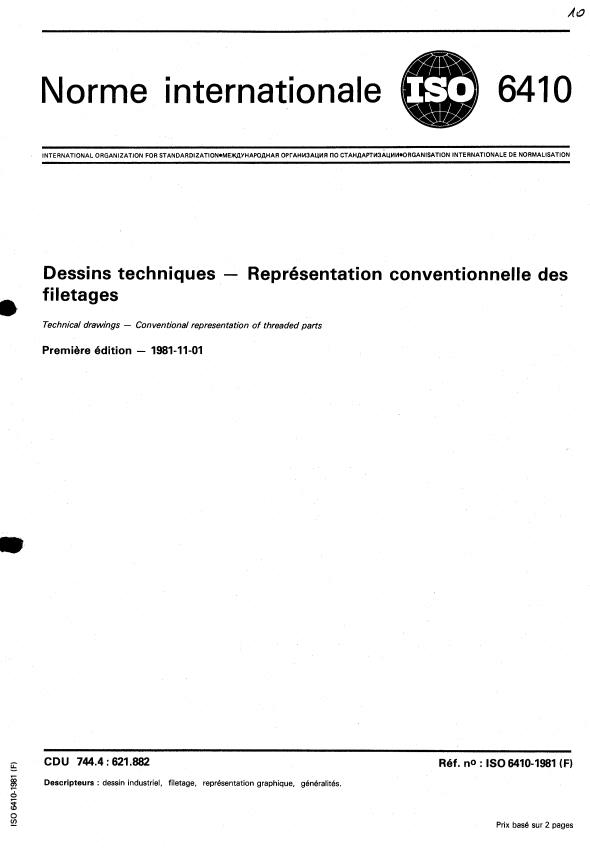 ISO 6410:1981 - Dessins techniques -- Représentation conventionnelle des filetages