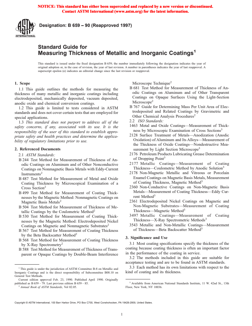 ASTM B659-90(1997) - Standard Guide for Measuring Thickness of Metallic and Inorganic Coatings