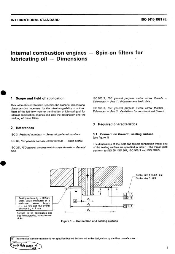 ISO 6415:1981 - Internal combustion engines -- Spin-on filters for lubricating oil -- Dimensions