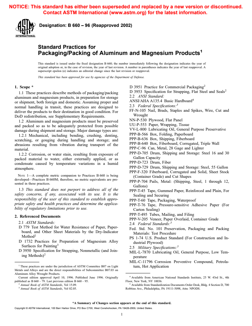 ASTM B660-96(2002) - Standard Practices for Packaging/Packing of Aluminum and Magnesium Products