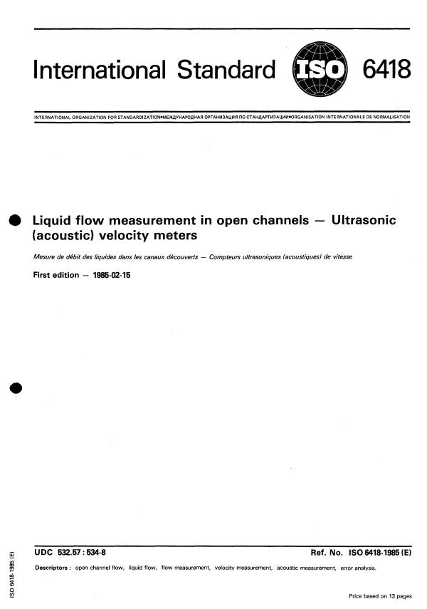 ISO 6418:1985 - Liquid flow measurement in open channels -- Ultrasonic (acoustic) velocity meters