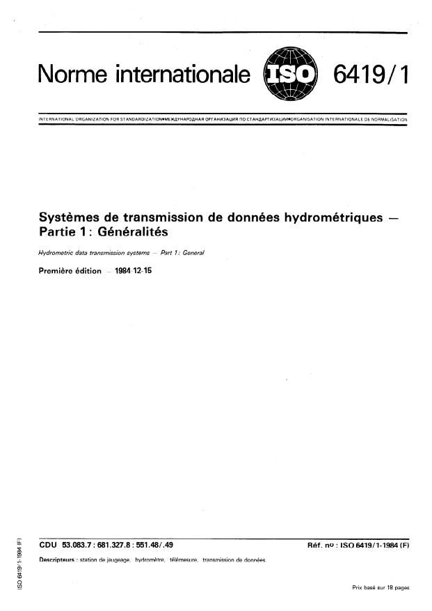 ISO 6419-1:1984 - Systemes de transmission de données hydrométriques