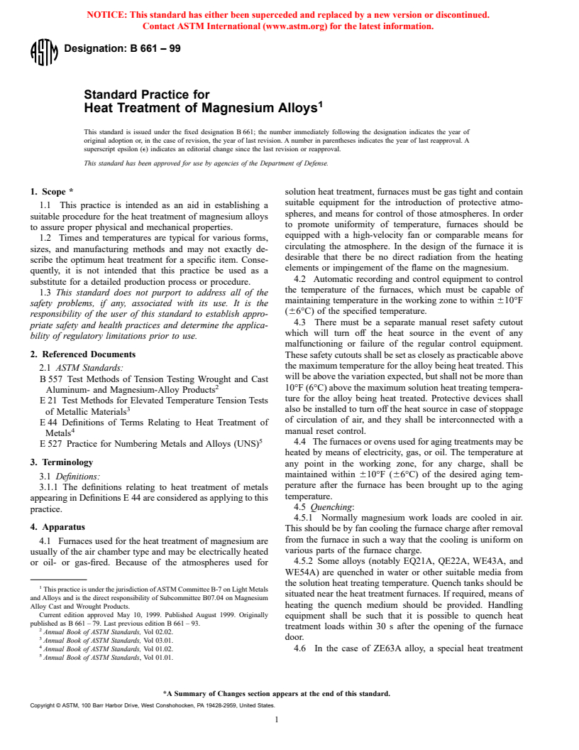 ASTM B661-99 - Standard Practice for Heat Treatment of Magnesium Alloys