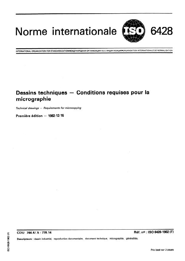 ISO 6428:1982 - Dessins techniques -- Conditions requises pour la micrographie