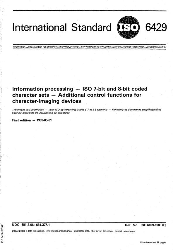 ISO 6429:1983 - Information processing -- ISO 7-bit and 8-bit coded character sets -- Additional control functions for character-imaging devices