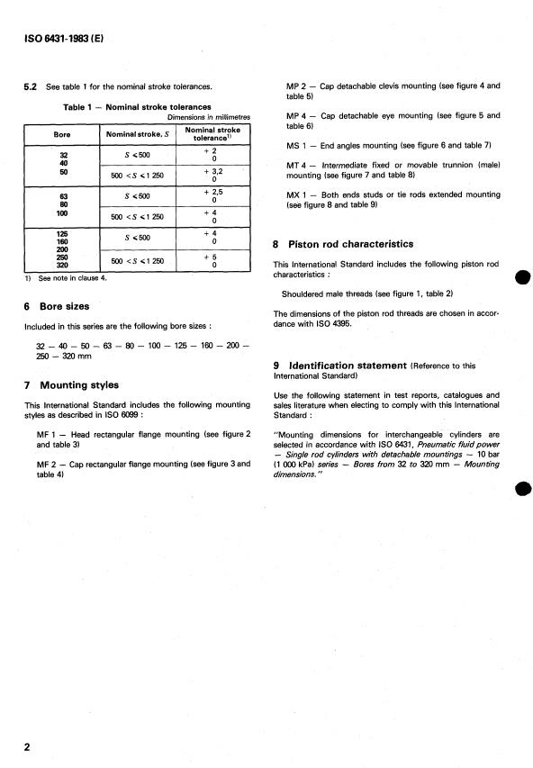 ISO 6431:1983 ISO 6431:1983 - Pneumatic fluid power -- Single rod cylinders with detachable mountings -- 10 bar (1 000 kPa) series -- Bores from 32 to 320 mm -- Mounting dimensions - Page 4 preview