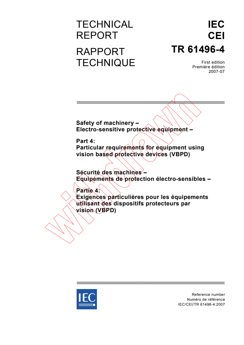IEC TR 61496-4:2007 - Safety of machinery - Electro-sensitive protective equipment - Part 4: Particular requirements for equipment using vision based protective devices (VBPD)
Released:7/10/2007
Isbn:2831892112
