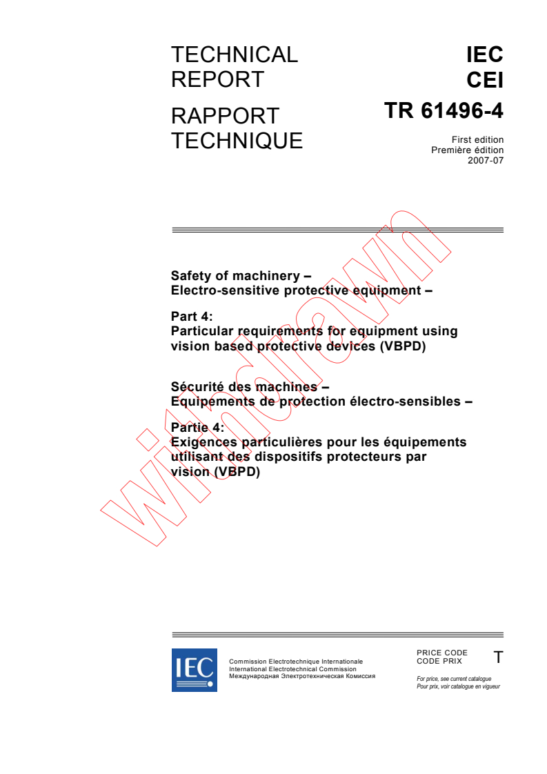 IEC TR 61496-4:2007 - Safety of machinery - Electro-sensitive protective equipment - Part 4: Particular requirements for equipment using vision based protective devices (VBPD)
Released:7/10/2007
Isbn:2831892112