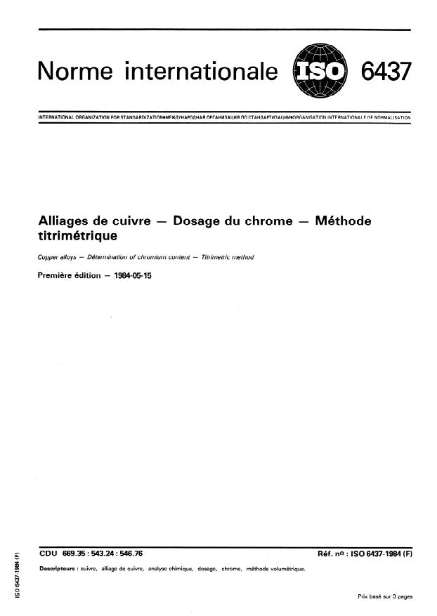 ISO 6437:1984 - Alliages de cuivre -- Dosage du chrome -- Méthode titrimétrique