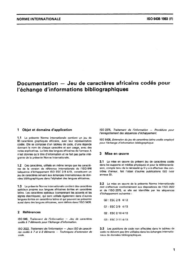 ISO 6438:1983 - Documentation -- Jeu de caracteres africains codés pour l'échange d'informations bibliographiques