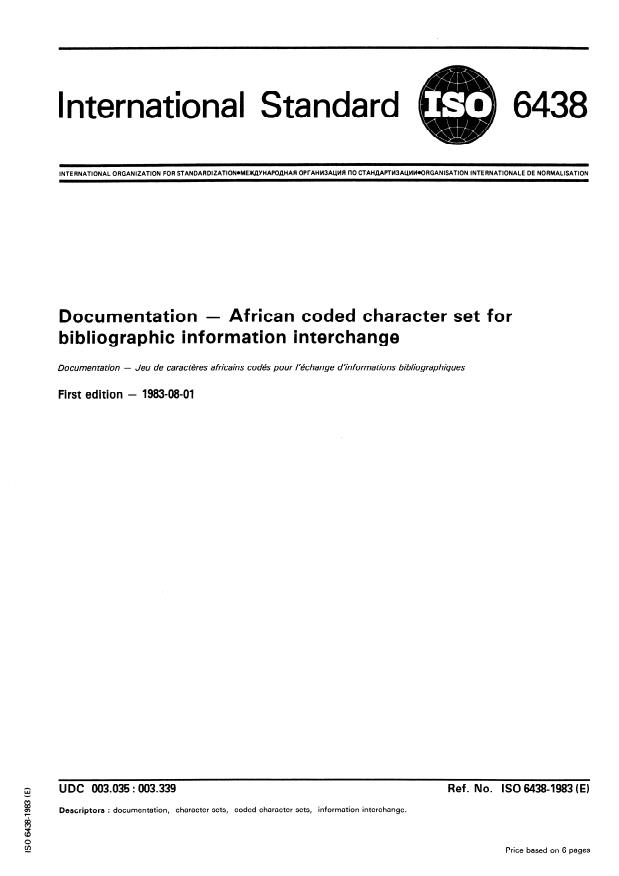 ISO 6438:1983 - Documentation -- African coded character set for bibliographic information interchange