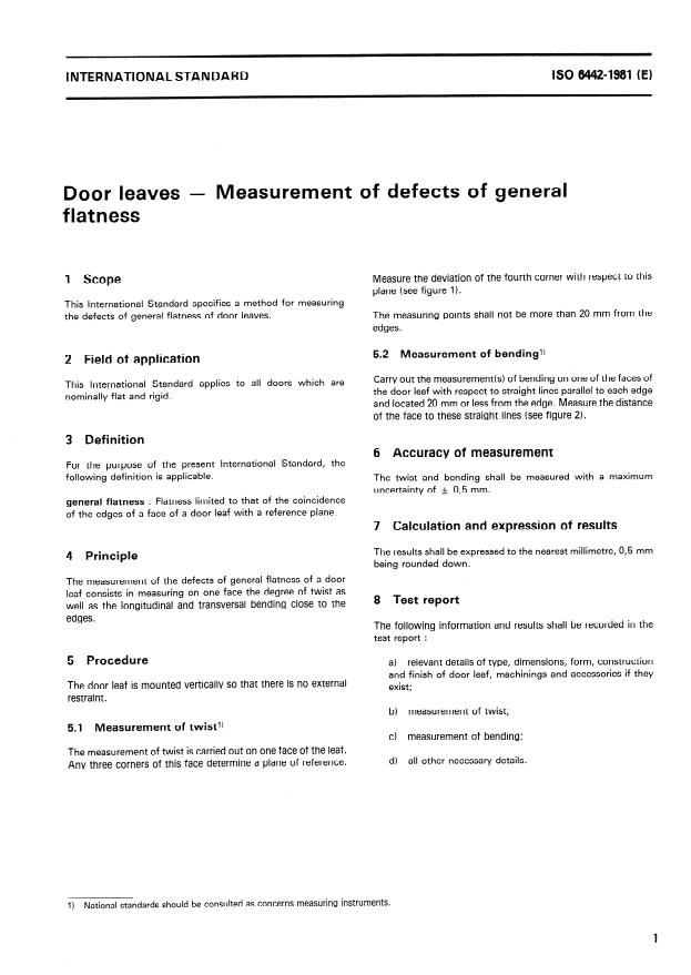 ISO 6442:1981 - Door leaves -- Measurement of defects of general flatness