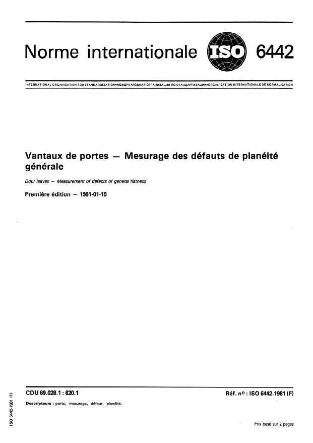 ISO 6442:1981 - Vantaux de portes -- Mesurage des défauts de planéité générale