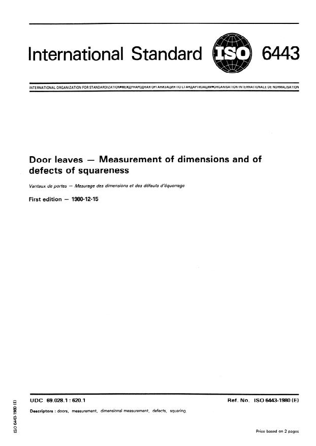 ISO 6443:1980 - Door leaves -- Measurement of dimensions and of defects of squareness
