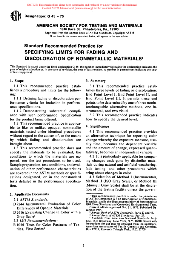 ASTM G45-75 - Recommended Practice for Specifying Limits for Fading and Discoloration of Nonmetallic Materials (Withdrawn 1981)