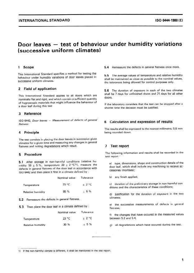 ISO 6444:1980 - Door leaves -- Test of behaviour under humidity variations (successive uniform climates)