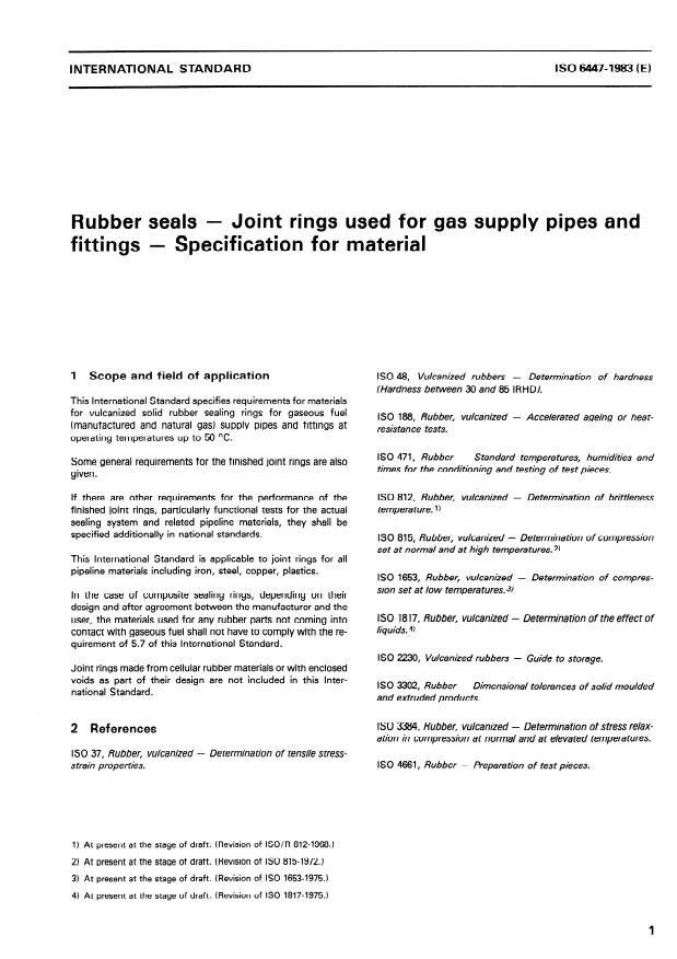 ISO 6447:1983 - Rubber seals -- Joint rings used for gas supply pipes and fittings -- Specification for material