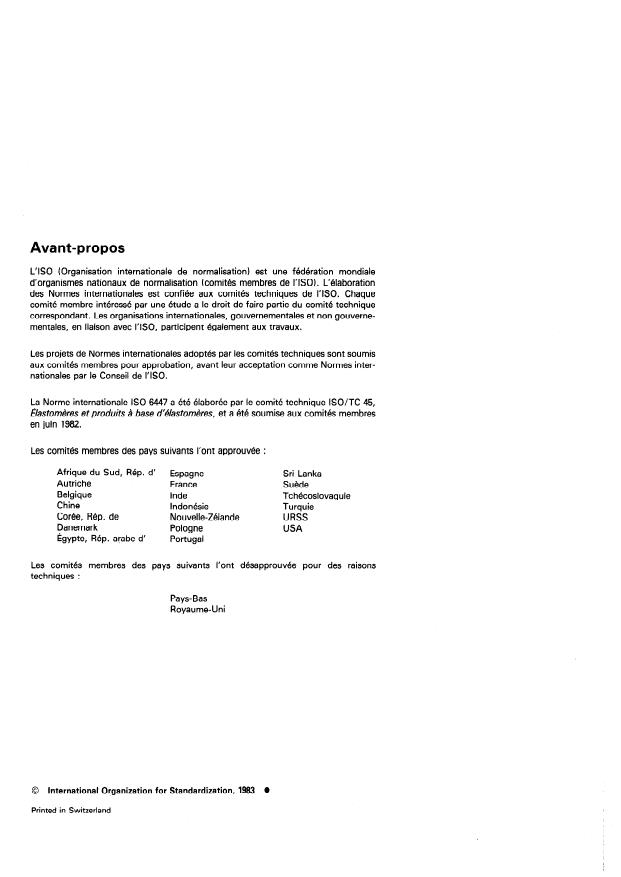 ISO 6447:1983 ISO 6447:1983 - Caoutchouc -- Garnitures d'étanchéité pour joints de canalisations de gaz -- Spécifications des matériaux - Page 2 preview