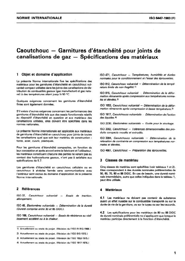 ISO 6447:1983 - Caoutchouc -- Garnitures d'étanchéité pour joints de canalisations de gaz -- Spécifications des matériaux