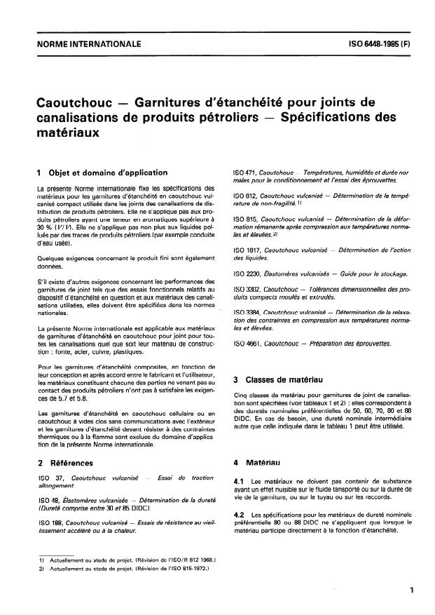 ISO 6448:1985 - Caoutchouc -- Garnitures d'étanchéité pour joints de canalisations de produits pétroliers -- Spécifications des matériaux