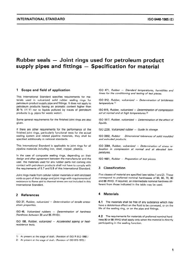 ISO 6448:1985 - Rubber seals -- Joint rings used for petroleum product supply pipes and fittings -- Specification for material
