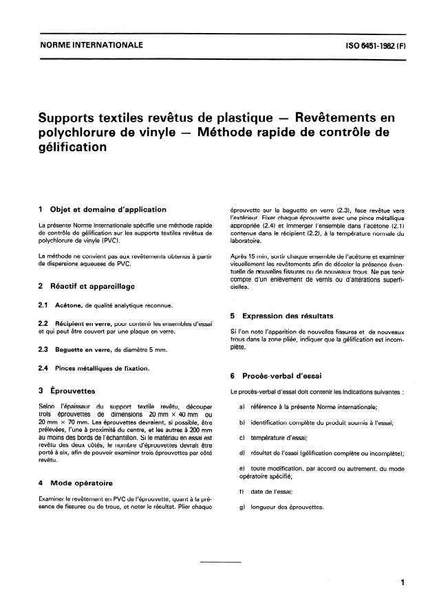 ISO 6451:1982 - Supports textiles revetus de plastique -- Revetements en polychlorure de vinyle -- Méthode rapide de contrôle de gélification