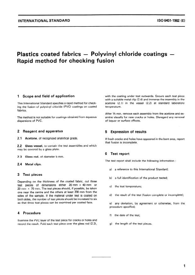 ISO 6451:1982 - Plastics coated fabrics -- Polyvinyl chloride coatings -- Rapid method for checking fusion