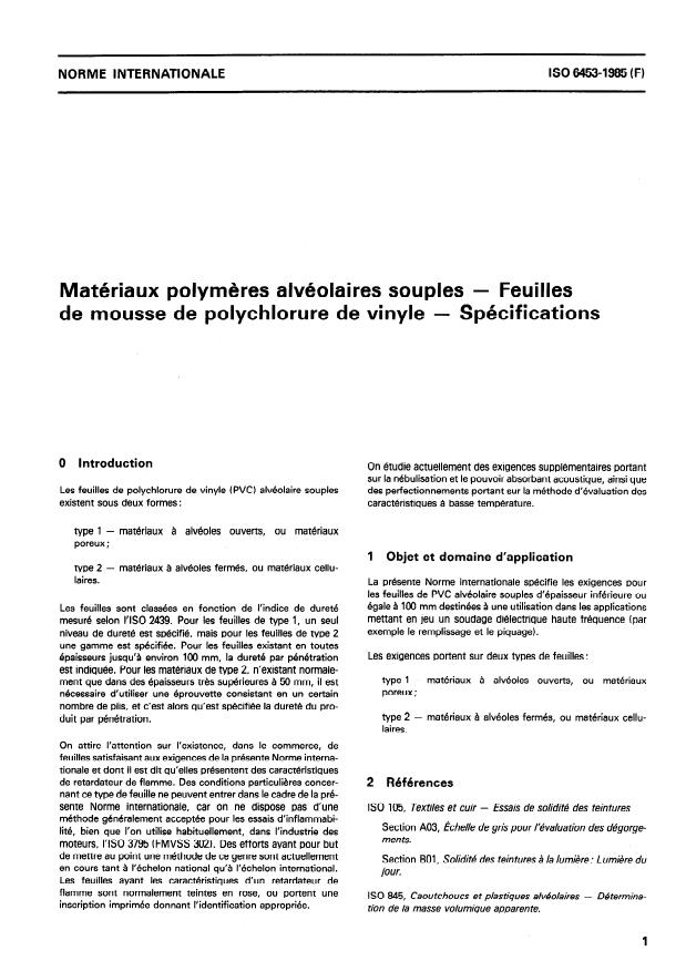 ISO 6453:1985 - Matériaux polymeres alvéolaires souples -- Feuilles de mousse de polychlorure de vinyle -- Spécifications